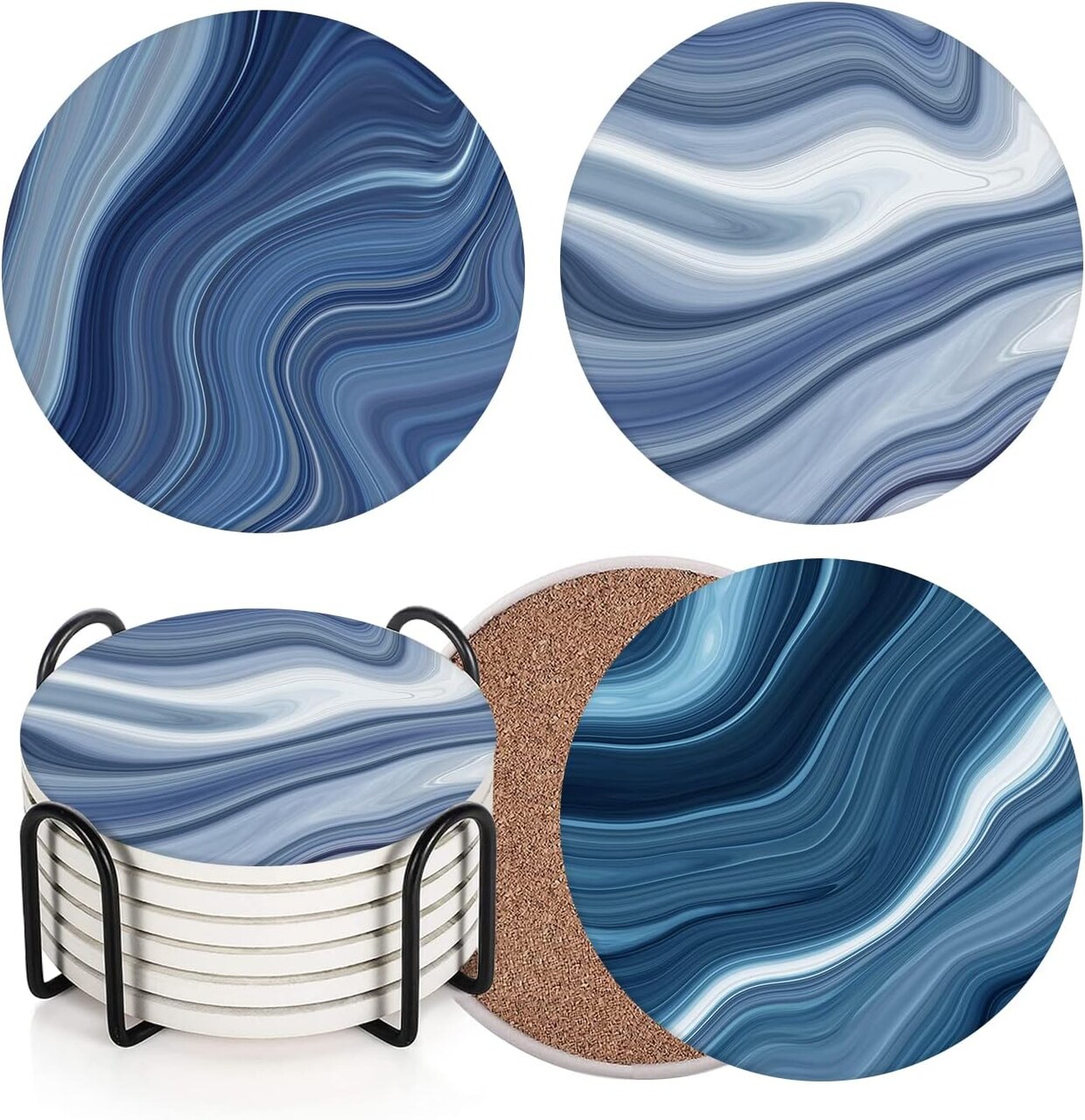 Coaster for Drinks Set of 6, Vintage Retro Colorful Blue Marble Absorbent Round Ceramic Stone Mat, with Cork Base and Metal Holder, Gift for Housewarming Room Bar Decor